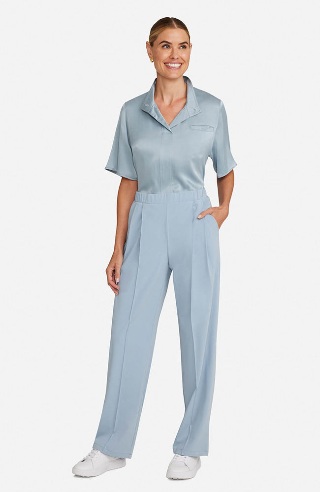 Women's Scrub Set: Silk Stand Collar Top & Pleated Wide Leg Pant, , large